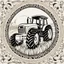 Placeholder: a circular frame made of spiraling wheat, a tractor at the center, black on white vector