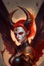 Placeholder: Illustration, Fantasy, Female, Wizard, Devil, Horns, Black, Leather, Clothing, Pointy Ears, Large Wings, Red Hair, Golden Eyes, Magic Circle, Tattoo, Staff, Wing