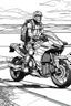 Placeholder: Outline art, no shading, machine bike full body on the road, cartoon style, black and white, low detail, --ar 9:11