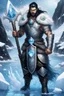 Placeholder: 1 mana warrior, with blue eyes and black hair man in silver Viking armor with fur around the neck with blue crystal on his chest , standing in water in the artic, holding a ice axe, warrior in anime style,