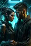 Placeholder: a handsome cyberpunk man connected by wires with a beautiful cyberpunk woman