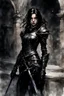 Placeholder: a young black-haired girl in medieval black armor on the castle grounds, watercolor, dark fantasy, bad weather, gloomy day, dark world, sketch art, fine lines, grunge, sensual, darkness, by Raymond Swanland & Alyssa Monks & Anna Razumovskaya