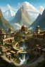 Placeholder: Within the embrace of rugged mountain peaks, this extraordinary town unfolds like a magnificent staircase, each step a testament to the resilience and creativity of its inhabitants. As one enters through the town's gateway, a circular hub graces the heart of the community, crowned by a water fountain that echoes with the collective pulse of the town. At the head of the town, surrounding the central hub, the homes crafted from warm-hued stones stand on the first expansive step. Each step is a pl