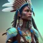 Placeholder: pueblo Indian, 12k, ultra high definition, finely tuned detail, unreal engine 5, octane render, ultra-realistic face, realistic headdress, detailed make-up, zia, detailed turquoise jewelry, detailed hair, detailed feathers, red glowing fire background, optimism chain