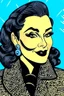 Placeholder: 1950s cartoon hero portrait of a famous, long-headed gypsy brunette actress wearing fur and looking luxurious