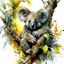 Placeholder: Watercolor and ink illustration of a Koala bear cub clinging to a gnarled eucalyptus branch by Guymick Cormic, reclining amidst tall grass and ferns, surrounded by dense, leafy foliage and wildflowers bathed in the amber glow of sunrise, featuring Brian Froud's fantastical influences combined with the dramatic, fluid styles of Carne Griffiths and Alberto Seveso, 60-30-10 colour harmony evident, mystical symbols interwoven, vibrant splashes Modifiers: elegant extremely detai