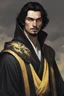 Placeholder: A young man with light facial hair, shoulder-length black hair, yellow eyes, and an imposing black robe