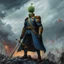 Placeholder: a heroic humanoid cactus wearing a blue prussian uniform, officer sabre, background a chaotic medieval battlefield, storm, dark sky, tattered banners, buildings