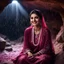 Placeholder: Hyper Realistic Photographic Outside View Of A Gorgeous Pashto Girl (Wearing Simple Burgundy Colored Dress With White Embroidery & Wearing Pink Dupatta On Her Neck) Happily Sitting & Smiling Boldy In A Cave With Glowing Little Crystals, With Heavy Rain Outside Cave At Dark Night Showing Dramatic & Cinematic Ambiance.