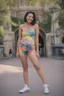 Placeholder: a hot, extremely well-endowed female with short, crew-cut, Black Hair, wearing a tight, ill-fitting, colorful, multicolored tie-dye swim suit top, and extremely short jean shorts, and converse sneakers, posing at Disneyland