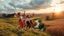 Placeholder: a group of young ladies in sports pants and blouse are dancing to camera in village over high grassy hills,a small fall and river and wild flowers at river sides, trees houses ,next to Ripe wheat ready for harvest farm,windmill ,cloudy sun set sky