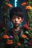 Placeholder: Expressively detailed and intricate 3d rendering of a hyperrealistic: asian boy, cyberpunk plants and flowers, neon, vines, flying insect, front view, dripping colorful paint, tribalism, gothic, shamanism, cosmic fractals, dystopian, dendritic, artstation: award-winning: professional portrait: atmospheric: commanding: fantastical: clarity: 16k: ultra quality: striking: brilliance: stunning colors: amazing depth