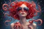 Placeholder: skinny woman clutching an octopus, red hair, octopus on head, falling comets, reflective sunglasses, heavy rain, outer space, shooting stars, dramatic light, laser beams, space war, battlefield face made of dots, pointillism, dotted multicolored shapes, symmetrical, digital art, hologram, virtual reality, digitized structure, ultra detailed, 3d render, trending on, by addiedigi