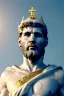 Placeholder: Realistic image, Roman sculpture made in white marble with gold veins, Lionel messi with gold laurel leaves crown, decorative star on the chest, waist up portrait, marble material, gold ornaments, Baroque style, sun rays background, epic, celestial, cinematic lighting, God lights, 4k resolution, smooth details, soft lighting, unreal engine 5, art station, substance 3d.