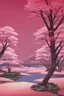 Placeholder: a land scape of Japanese garden, in a red moon sky, surrounded by cherry blossom trees, cel shading