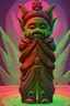 Placeholder: A gnome tiki. digital glitch art, mayan style. detailed gnome sheltering under a mushroom, art deco border, cosmic background with mountains in a mushroom forest getting beamed up from a spaceship. a campfire in the middle of the haunted death cult horror forest. art nouveau