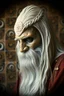 Placeholder: pin hole cam, master oil painting by Rembrandt, realistic rendering Portrait of the Apkallu sage who were sent by the god Ea to teach civilization to humanity before the flood. They were depicted as half-human and half-fish or bird, and were associated with wisdom, magic, and culture. blurred tile yin yang pattern background, brightened edges to give a sense of depth