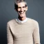 Placeholder: a full picture of a tall rattled skinny man with short dry hair in a light color wearing a knitted sweater grinning with teeth