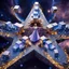 Placeholder: A surreal cosmic scene featuring an elegant woman in a flowing lavender and blue gown standing at the center of a massive five-pointed star-shaped platform floating in deep space. The star is constructed from intricate architectural elements - miniature buildings, geometric cubes, and stone blocks arranged in a mosaic pattern. Golden luminous trails and swirling energy ribbons spiral around the star's points. The background features a breathtaking nebula with purple, pink, and blue cosmic clouds