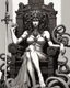 Placeholder: full-length, detailed persona, sword in hand, gorgon medusa, sitting on a throne in a relaxed pose