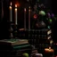 Placeholder: rave on books with flowers and lit candles dark moody art with browns green earthy tones, deep purples, hyper realistic maximalist concept art