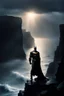 Placeholder: Batman standing on top of a cliff, dawn, light barely shining through, sea battering the cliff wall