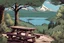 Placeholder: lookout, picnic table, sign, mountain, forest,, comic book,,, cinematic