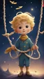 Placeholder: With his small hands, the little prince holds several strong ropes that are tied to the feet of birds and fly up into the sky. The little prince looks at them with a sweet smile. The background is a dark night sky with stars and planets, which gives the photo a dreamy and fantasy atmosphere.