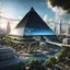 Placeholder: city in 2100, a large black iridescent pyramid building dominating the city :: 8K, 3D, Octane Render, VRay, Unreal Engine 5, Hyperdetailed, intricate, HDR, extremely realistic evolution of future architecture, photorealism, colourful, blue sky over a clean environment, award winning, crisp quality, masterpiece, fantastic view, digital art, airbrush art, ink drawing, sharp focus, high contrast, depth of field