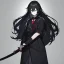 Placeholder: Clear focus, High resolution, long black fluffy hair, blue eyes, wearing a black sailor uniform, red tie, yandere, rough line sketch, dark aura, holding a katana, hair between eyes, 1girl, standing in grey sand, scary