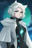 Placeholder: Pale Woman with short white hair, blue and green Heterochromia eyes, silver and white futuristic corset, wearing a skirt and thigh boots, white cloak, lynx ears, smirking, smug, evil look, night sky background, RWBY animation style