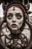 Placeholder: Closeup Girl siren with big eyes, fullbody, dieselpunk, valves rising from the ground, the perspective looking up from the bottom of an empty well , 8k, macro photography by <John Kenn Mortensen>, darkred tones,