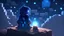 Placeholder: Minecraft Character, minecraft theme, purple starry sky, meditating, aesthetic, facing back, character wearing robes,