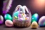 Placeholder: cute chibi plushy fluffy knitted and embroidered natural colored easter bunny in basket, feathers, easter eggs, iridescent flowers incorporated, light emitting, cracked bioluminescent holographic marble background, silver foil, sparkling diamonds, holographic raw pearls, ethereal, cinematic postprocessing