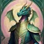 Placeholder: Bordered digital art of a Dragon Emporer, in the style of torat and art deco, with olive green, pastel pink, rich blues and Shimmering golds accents. Fantasy art. High quality, masterpiece. Dungeons and dragons