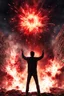 Placeholder: Young man standing, with arms raised, in front of an exploding building at night, with red auras around him