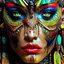 Placeholder: a close up of an Amazon tribe woman with a white red yellow blue green and brown face paint, exotic style, exotic, cybernetic faces, of a futuristic woman selk'nam, beautiful biomechanical djinn, intricate beautiful faces, intricate cyberpunk make - up, stunning digital art, cybernetic machine female face, amazing digital art, gorgeous digital art