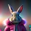 Placeholder: pixar style anamorphic cute cyberpunk rabbit baby, smiling, full body, magenta puffer jacket, manila city backdrop, hyper realistic, unreal engine 5, 16k