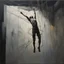 Placeholder: Minimal abstract oil painting of a falling person limbs sinew twisted . Amongst concrete fragments brutalist architecture and hanging wires illuminated at night. In the style of Justin Mortimer and Phil Hale and Ashley Wood