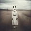 Placeholder: In the surreal realm of vintage photography, a haunting image emerges - a woman in a white rabbit mask in a desolate rural setting. The eerie atmosphere is intensified by overcast lighting and stained surroundings. The shallow depth of field accentuates the unsettling mood, drawing the viewer into a world of mystery and unease. The photograph captures a moment frozen in time, inviting contemplation of hidden truths and untold stories beyond the frame.