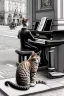 Placeholder: One single mature cat playing piano on the street, Vienna, friendly, model style, hyper realistic, extremely accurate, delicate, extremely detailed, Graphic novel style, wide-angle, open aperture, superfine pencil