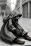 Placeholder: one single mature homeless rat with worn out clothes, sleeping in a corner on the street, Vienna, mourning, model style, hyper realistic, extremely accurate, delicate, extremely detailed, Graphic novel style, wide-angle, open aperture, superfine pencil