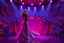 Placeholder: modern stage with gray-dark red blueish violet theme artistic decoration , color full dynamic lighting, a beautiful lady in maxi dress with shining silver jewels ,curvy long hair,dancing, 3D recursive fractal structure animating background