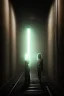 Placeholder: Two women with flashlights exploring a dark old subway tunnel the shadow of a monster on a wall