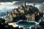 Placeholder: (photo of a movie by Ray Harryhausen) An epic, hyper-detailed panoramic conceptual digital painting of Aethelgard, an impregnable fortified medieval port city. Massive dark stone walls rise directly from the churning ocean, fortified with bastions, turrets, and ramparts. Gothic spires and densely packed timber houses are clustered within. The protected harbor is filled with hundreds of medieval sailing vessels (carracks, cogs, caravels), the main entrance guarded by two massive sea towers and a
