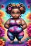 Placeholder: Create an airbrush image of a chibi black plus size female wearing a tie dye yoga outfit. Prominent make up with hazel eyes. Highly detail ombre Bantu knots. background of colorful large flowers 2k