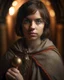 Placeholder: Young female cleric with short brown hair and bright hazel eyes. Religious robes with holy symbol. Chainmail glimpsed underneath. Mace at side. Serene expression. Medieval fantasy temple background, divine lighting.