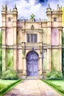 Placeholder: aquarell fo old british english castle, symmetrical, huge, cloudy sky, details, huge wooden front door, green garden alley infornt tiny violett flowers