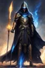 Placeholder: A commander with a black cloak and a long coat with long combat boots and a long spear with his Helmet is golden under his cloak like assasins With a magical power in his hand and a white anklet and boots With blue flame eyes