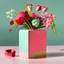 Placeholder: a gorgeous modern rectangular ceramic vase, real colorful flower bouquet , summer colors, on a table, soft pink and red green colors --ar 2:3